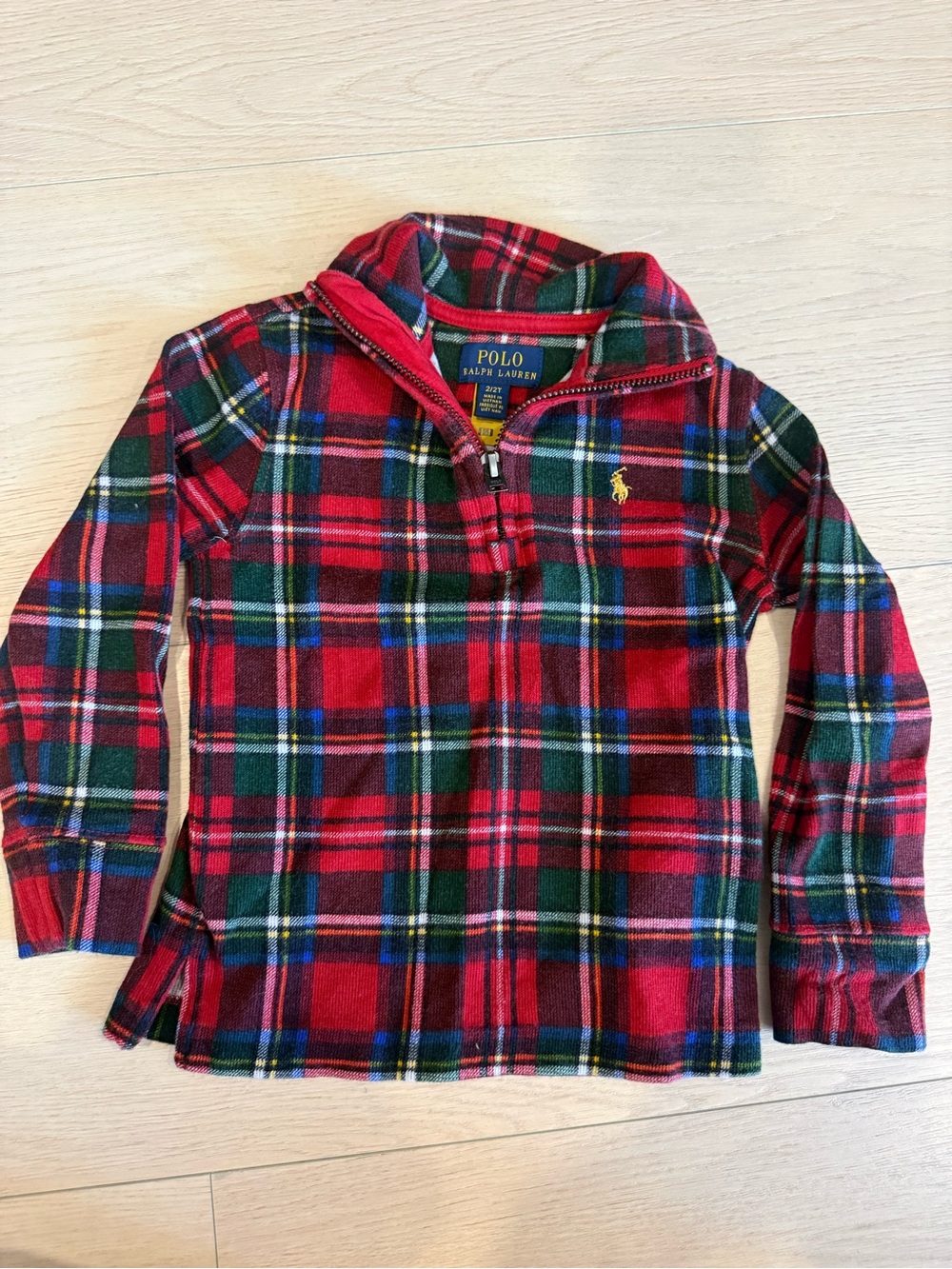 Polo by Ralph Lauren Kids’ Red & Green Tartan Plaid Half-Zip Fleece Sweater | 2T